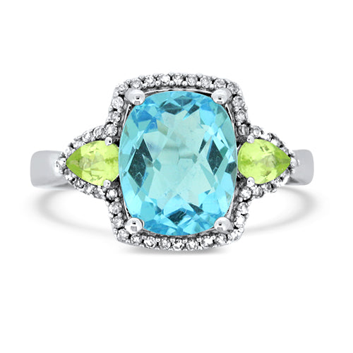 Blue Topaz, Peridot and Diamond Ring